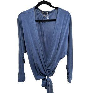 YFB Womens Large Top Blouse Blue V Neck Wrap Woven‎ L/S Collar Cupro Spandex